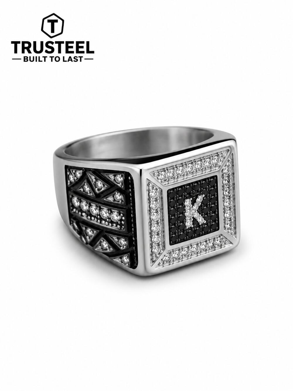 Men’s 316L Stainless Steel silver Signet Ring Black CZ Statement Ring size 9